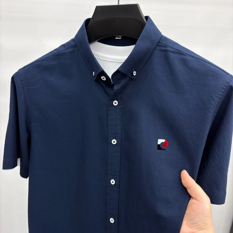 Luxury brand short sleeve men's shirt 100% cotton new fashion embroidery summer lightweight breathable business casual lapel top