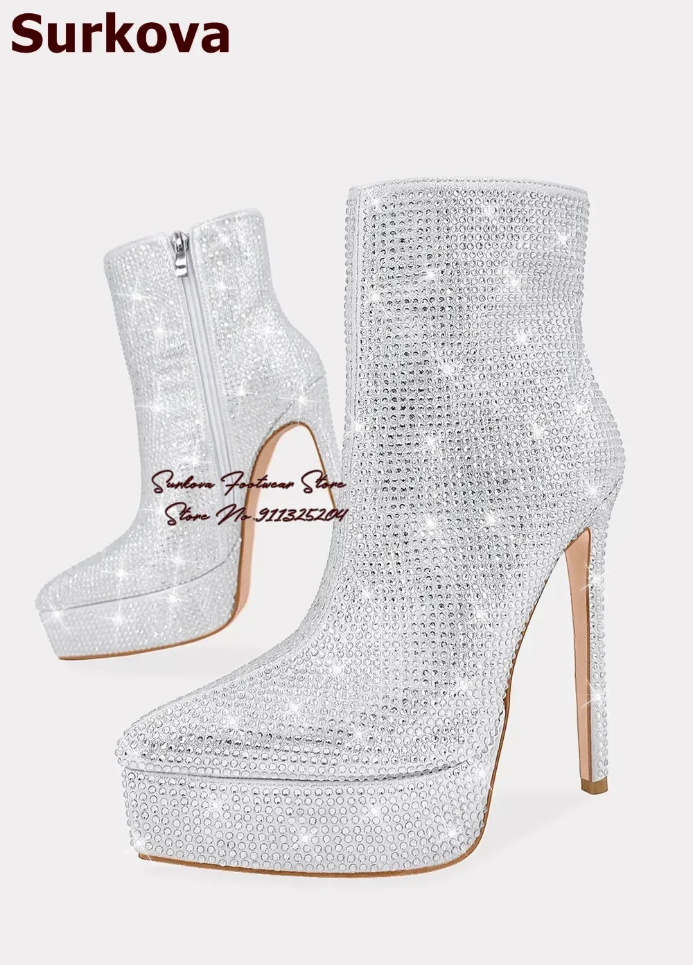 Surkova Silver Pink Bling Bling Full Crystal Ankle Boots Glitter Rhinestone Stiletto Heel Platform Pointed Toe Booties