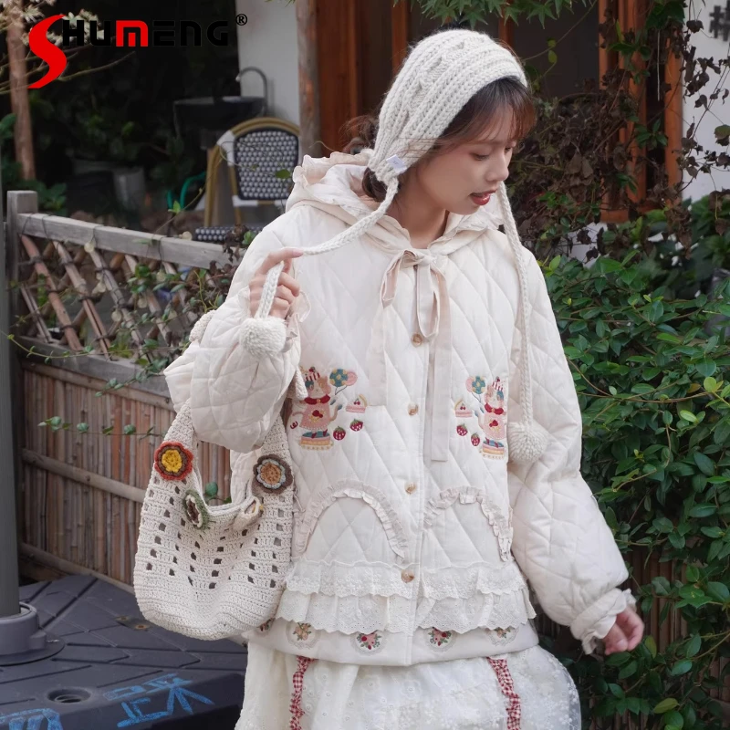موري بنات الحلو لوليتا سترات قصيرة مقنعين 2025 الشتاء اليابانية فتاة ناعمة لطيف مطرزة الدانتيل حافة سترات دافئة سميكة