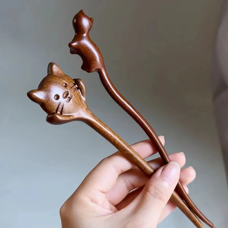 الصينية خشب الصندل الشعر العصي الشوك الرجعية نمط اليدوية منحوتة دبوس الشعر زهرة الحيوان تصاميم عيدان نمط النساء #2