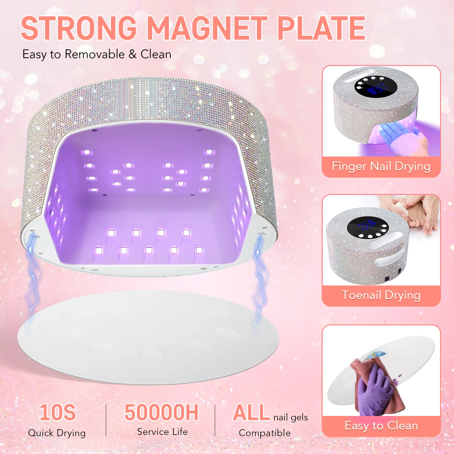 โคมไฟเล็บ LED แบบ UV ทรงกลมเพชรพร้อมแหล่งกำเนิดแสงคู่, ไฟ LED 45 ดวง, จอแสดงผล LCD, ตัวตั้งเวลา 4 ตัว, เซ็นเซอร์อินฟราเรด, ฐานแม่เหล็ก 2200mAh