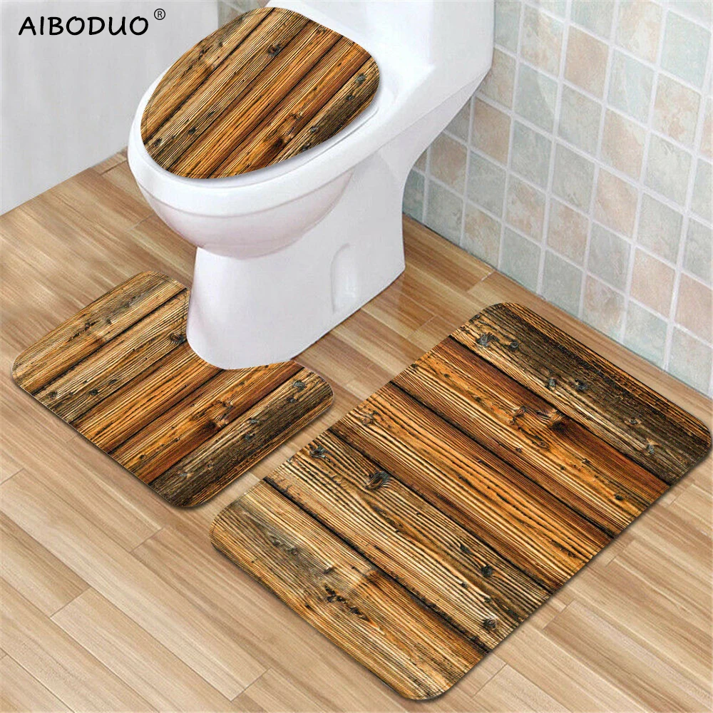 3Pcs Anti-slip Shower Mat Wood Grain Toilet Cover Soft Bathroom Mats Welcome Door Mat Bath Decor Toilet Sets Bedroom Rug 40X60CM