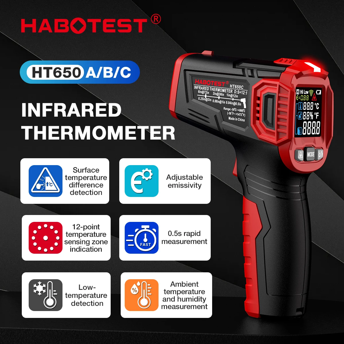 

HABOTEST HT650 Digital Infrared Thermometer-50~380/550/800 Laser Non-Contact Pizza BBQ Grill Engine Industry IR Thermometer Gun