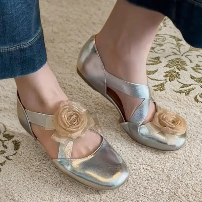 

Vintage Flower Ballet Shoes 2025 Summer Cross Strap Single Shoes Women Shallow Nose Mary Jane Flats Shoes for Women