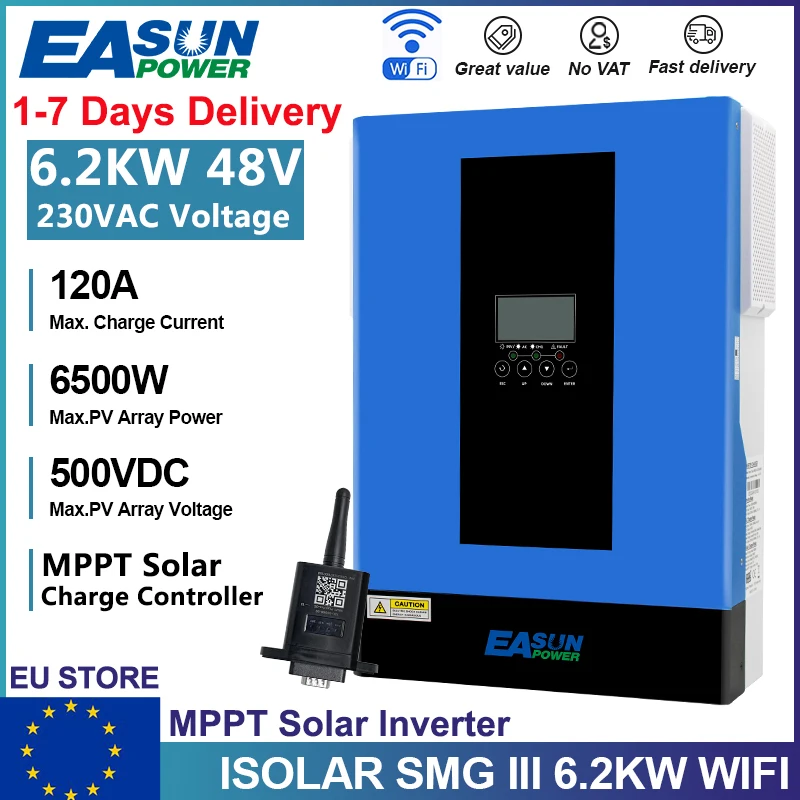 EASUN 6.2KW 4KW 3.2KW 2KW Hybrid Solar Inverter 12V 24V 48V Built-In 120A MPPT Solar Charge Controller 220VAC Off Grid Inverter With WIFI PV Input 500V Support BMS EU Stock No TAX