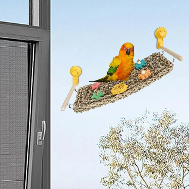 Bird Hammock For Cage Bird Hammock Woven Bird Net Suction Cup Bird Toys Swing Perch Ladder Climbing Hammock Parrot Swing Chew To