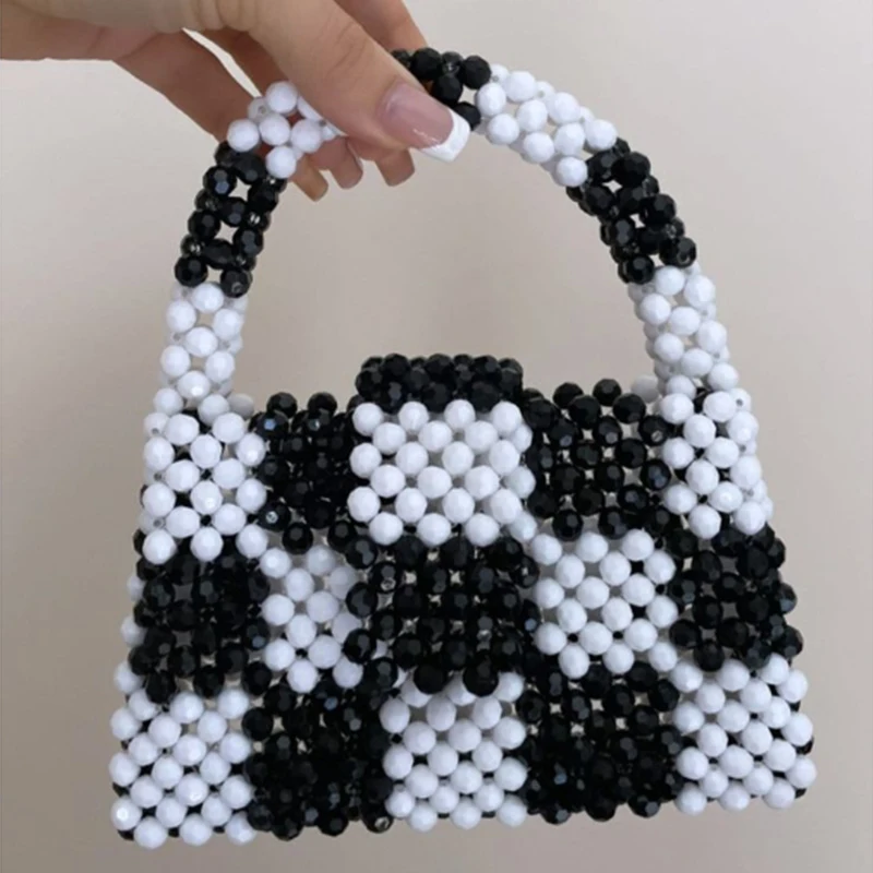 

New Simple Versatile Flip Small Square Bags Cute Black White Grid Spliced Bead Production Handheld Women's Bag Customizable Logo