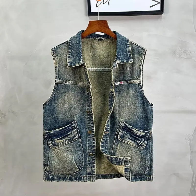 

Retro American Denim Vest Men's Spring Autumn Loose Large Size Svel Workwear Jaet with Big kets Youth Faion