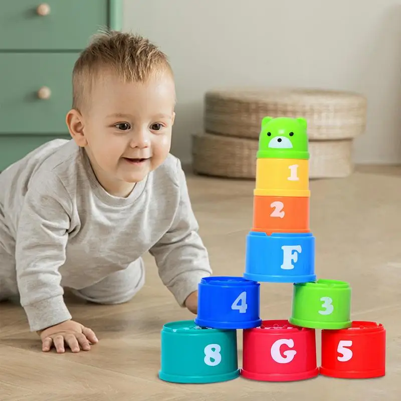 Copos coloridos empilhamento para aprendizagem, blocos empilháveis, Shape Sorter, classificando jogo, brinquedos educativos Montessori, 9pcs