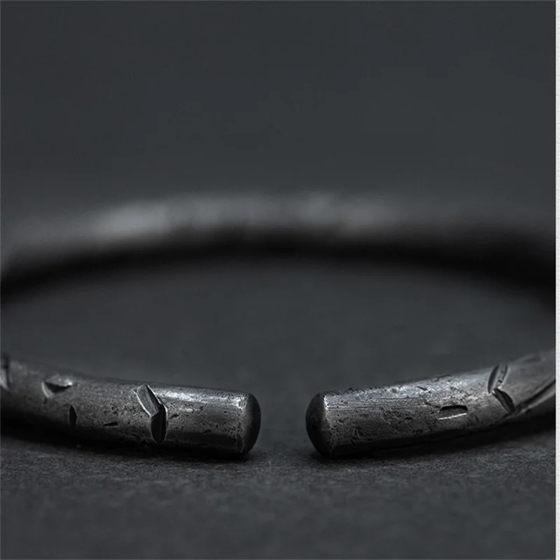 Trendy Black Carving Bamboo Bangle For Men Jewelry Retro Bangle Male Hand Wrist Accessories Open Bracelet For Boyfriend Gift
