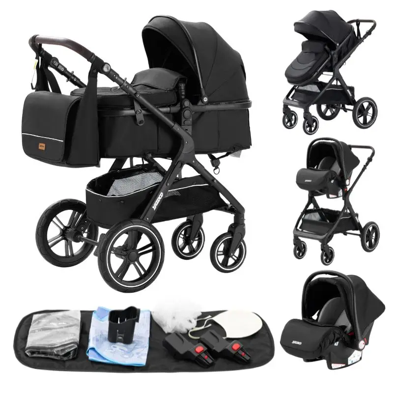 3-in-1 Babywandelwagen met autostoeltje en slaapmandje, lichtgewicht kinderwagen, multifunctionele babybuggy, compacte vouwwagen
