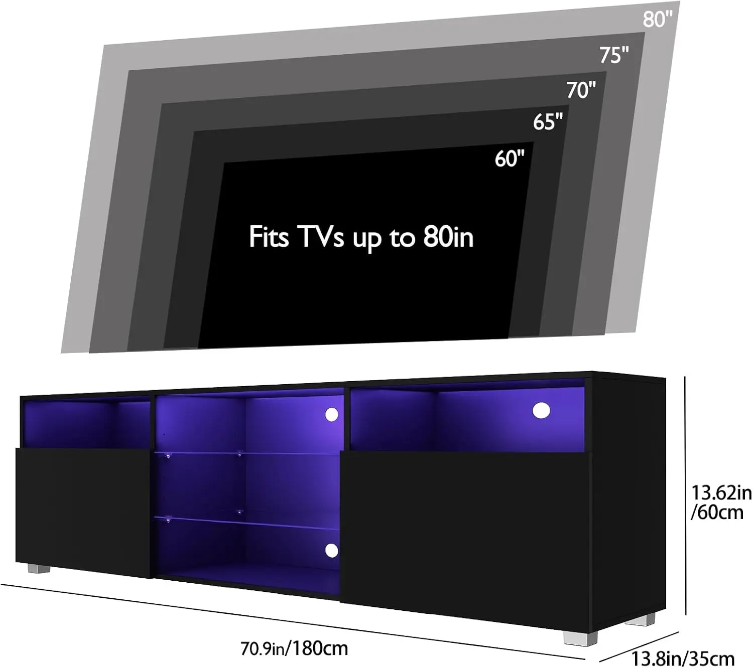 71IN LED TV Stand for 75/80inch TV,High Glossy Black TV Stand for Living Room,Modern Gaming Entertainment Center (71in Black)