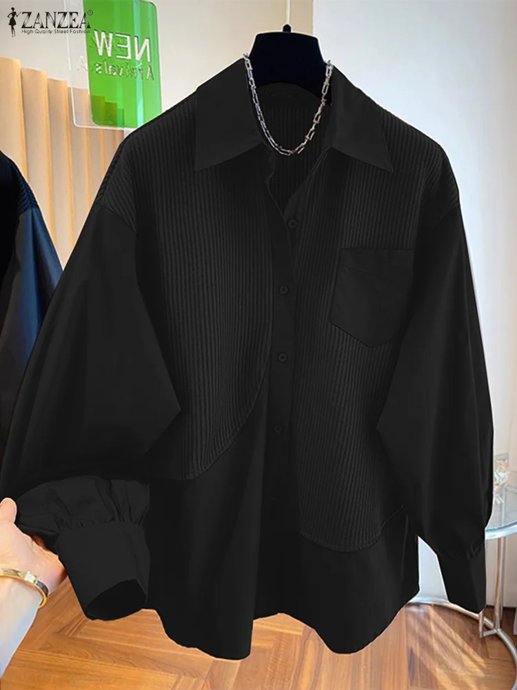 ZANZEA 2025 Modne koszule sztruksowe damskie z długim rękawem, kieszeniami, jednolite bluzki, jesienne koszule z klapami, luźne tuniki, vintage bluzki