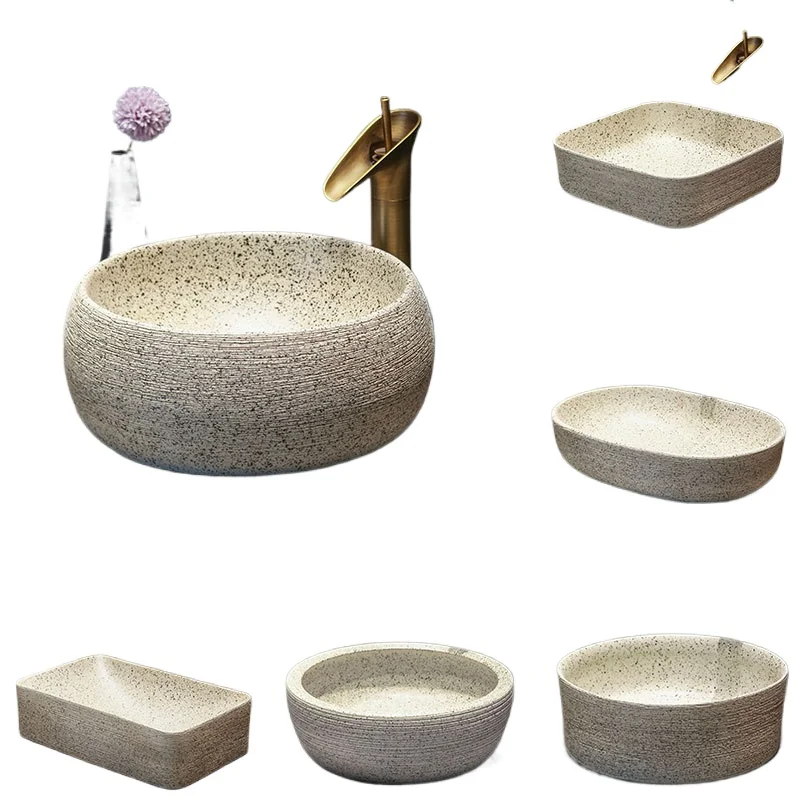 

Engraved line art table retro ceramic washbasin small size antique washbasin