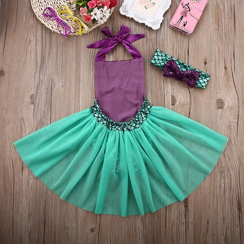 Baby\'s Clothes Girls Summer Clothes Set Sleeveless Lace-up Mermaid Romper Tulle Tutu Skirt Headband 2Pcs Casual Beach Outfits