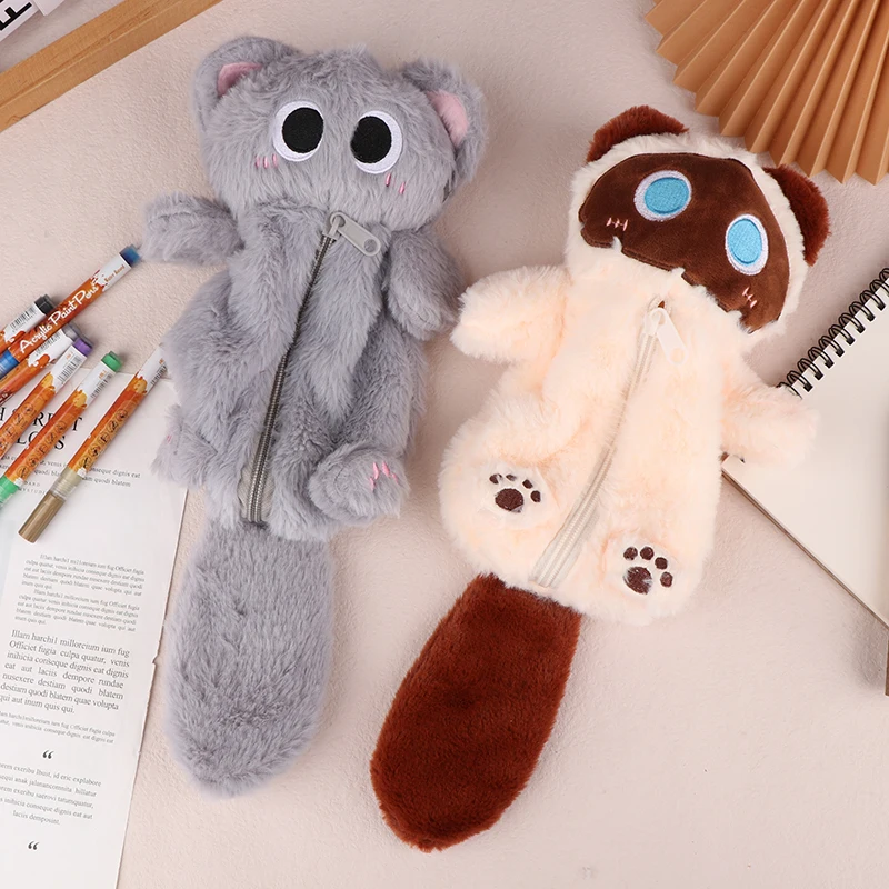 Cute Gray Furry Kitten Pencil Case High-value Desktop Large-capacity Student Stationery Pencil Case Large-capacity Pencil Case