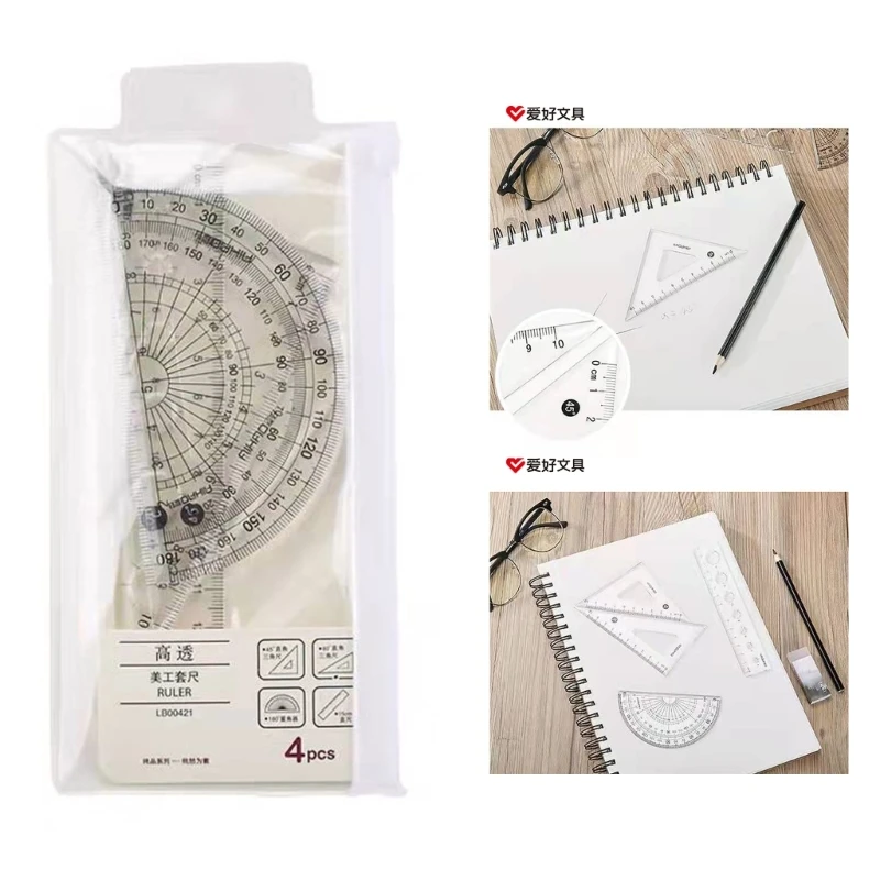 4Pcs Math Geometry Tool Set Plastic Transparent Ruler,Protractor,Triange Ruler Dropship