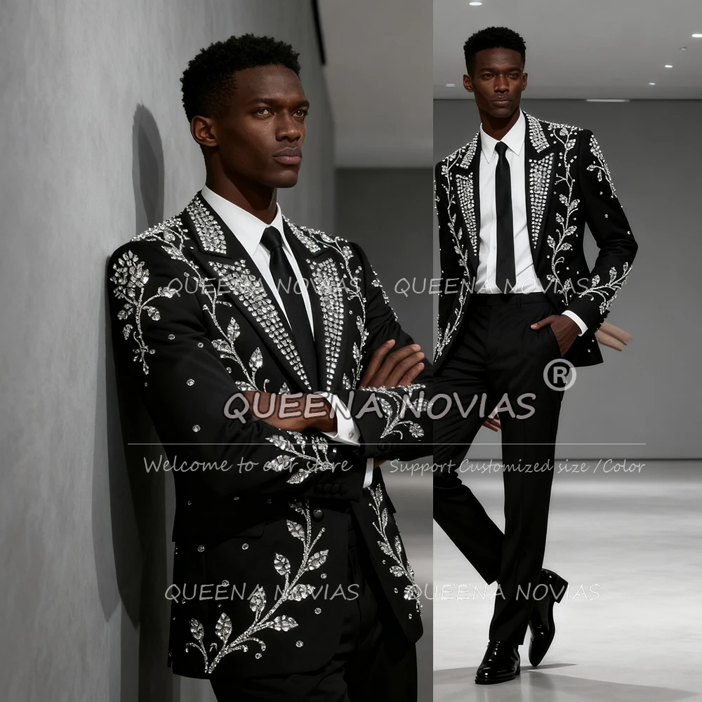 

Свадебные костюмы с блестящими камнями и бисером для мужчин, комплект из 2 предметов, однобортный пиджак, брюки, индивидуальный костюм Homme, смокинги для жениха, роскошные