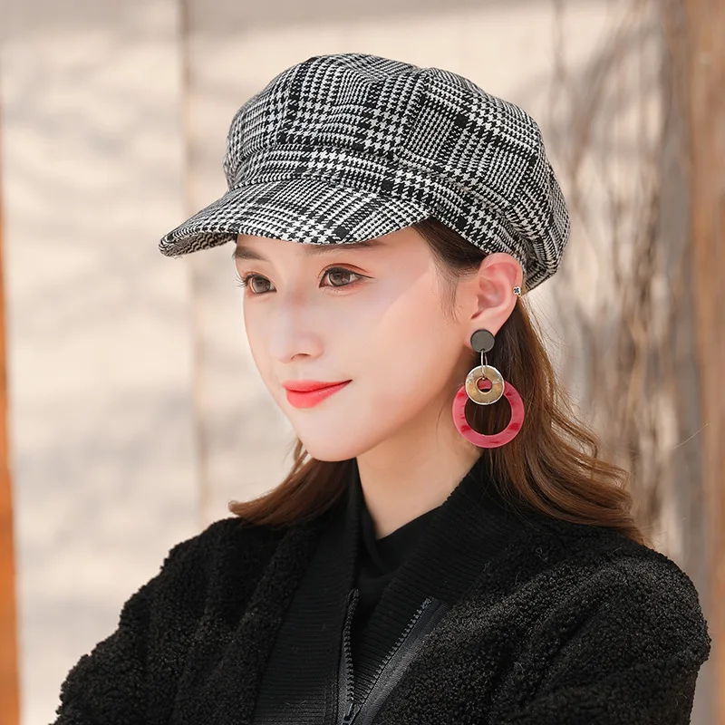 Autumn Winter Hats for Women Check Stripe Solid Octagonal Caps Ladies Casual Woolen Hat Winter Beret Women Cap HR122307