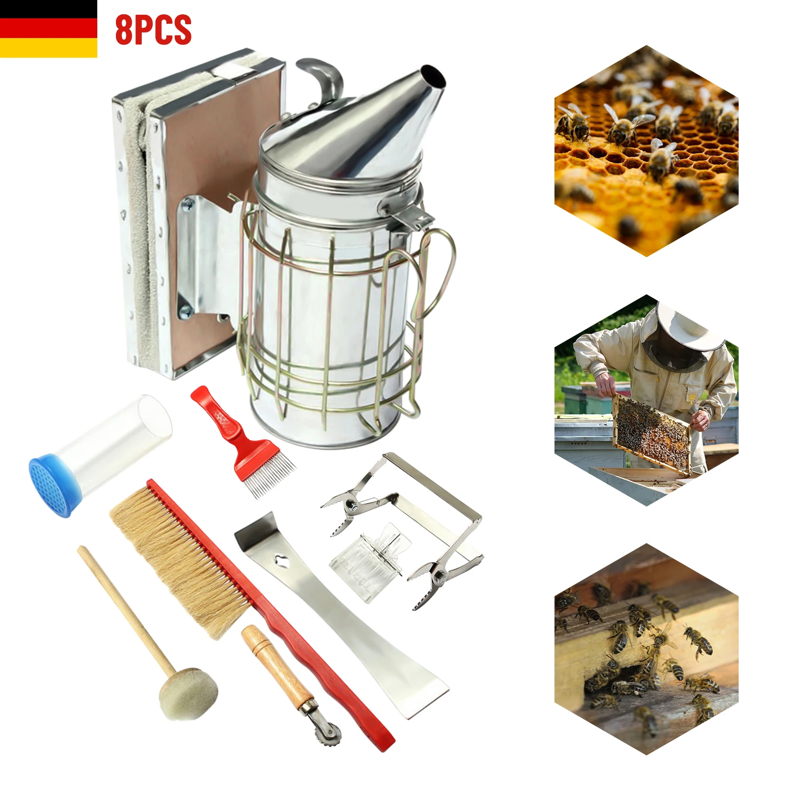 Kit de fournitures pour l'apiculture 8 en 1, avec outils pour ruche de fumée et brosse pour abeilles, pour atelier de Production d'abeilles à la ferme et à la maison