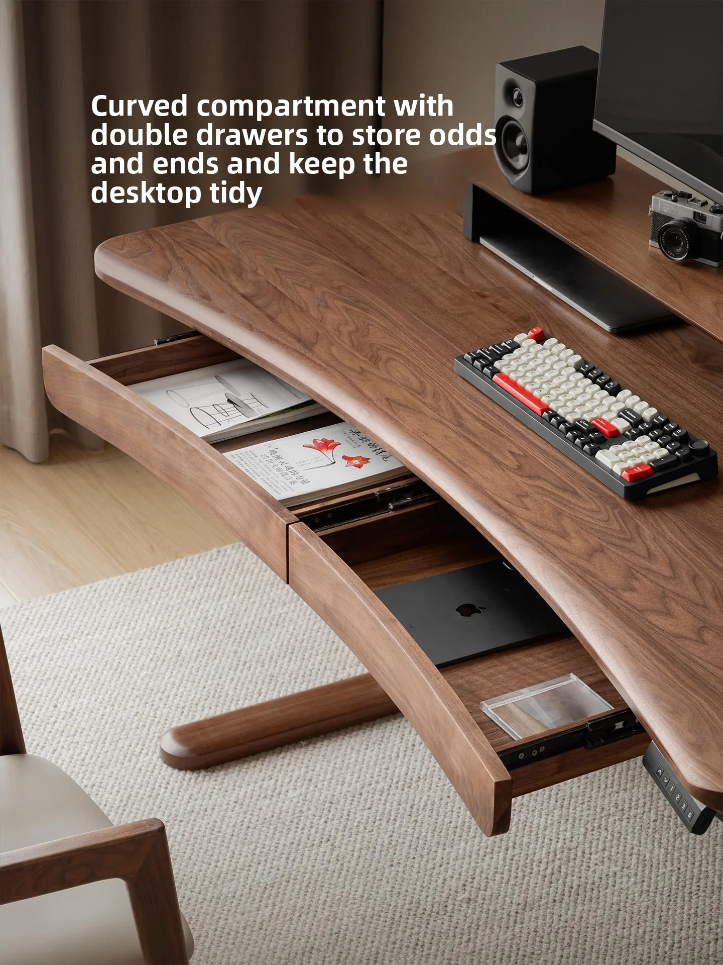 مكتب كهربائي منحني قابل للرفع في أمريكا الشمالية من خشب الجوز الأسود والخشب الصلب الذي يتم التحكم فيه إلكترونيًا ومنضدة عمل للدراسة