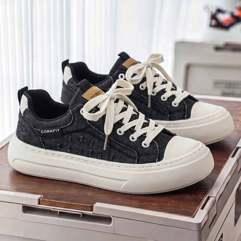 Spring niche versatile casual board shoes for men thick soled sports leisure daily simple comfortable denim cloth shoes