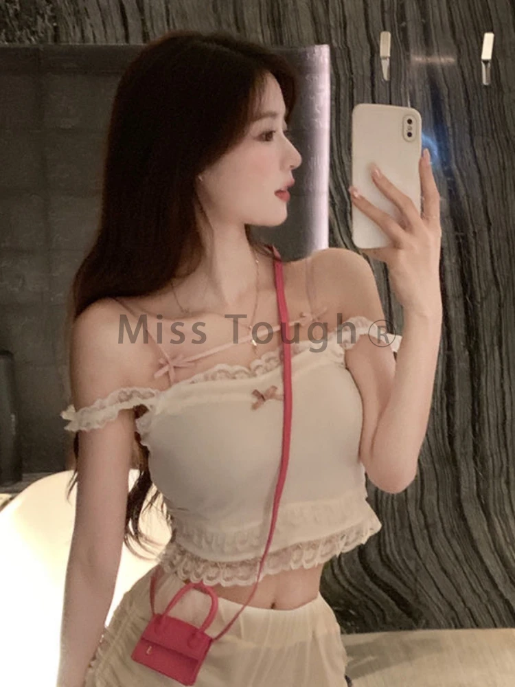 White Japanese Kawaii Lolita Crop Tops Women Korean College Style Sweet Tank Top Female Bow Lace France Cute Princess Vest 2024