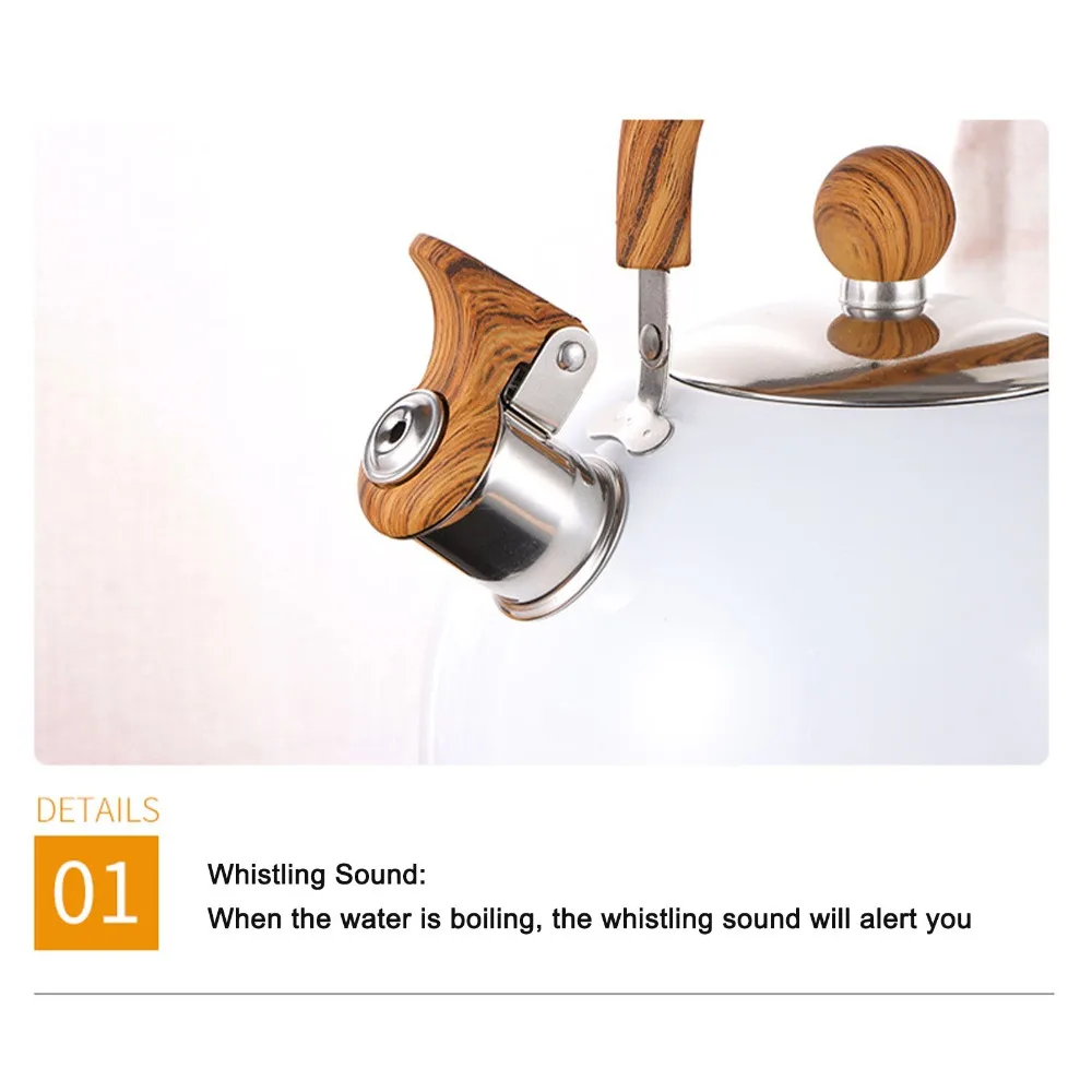 

2.5L Capacity Whistling Kettle 304 Stainless Steel White Color Stovetop Whistling Kettle Ergonomic Handle Foldable Handle