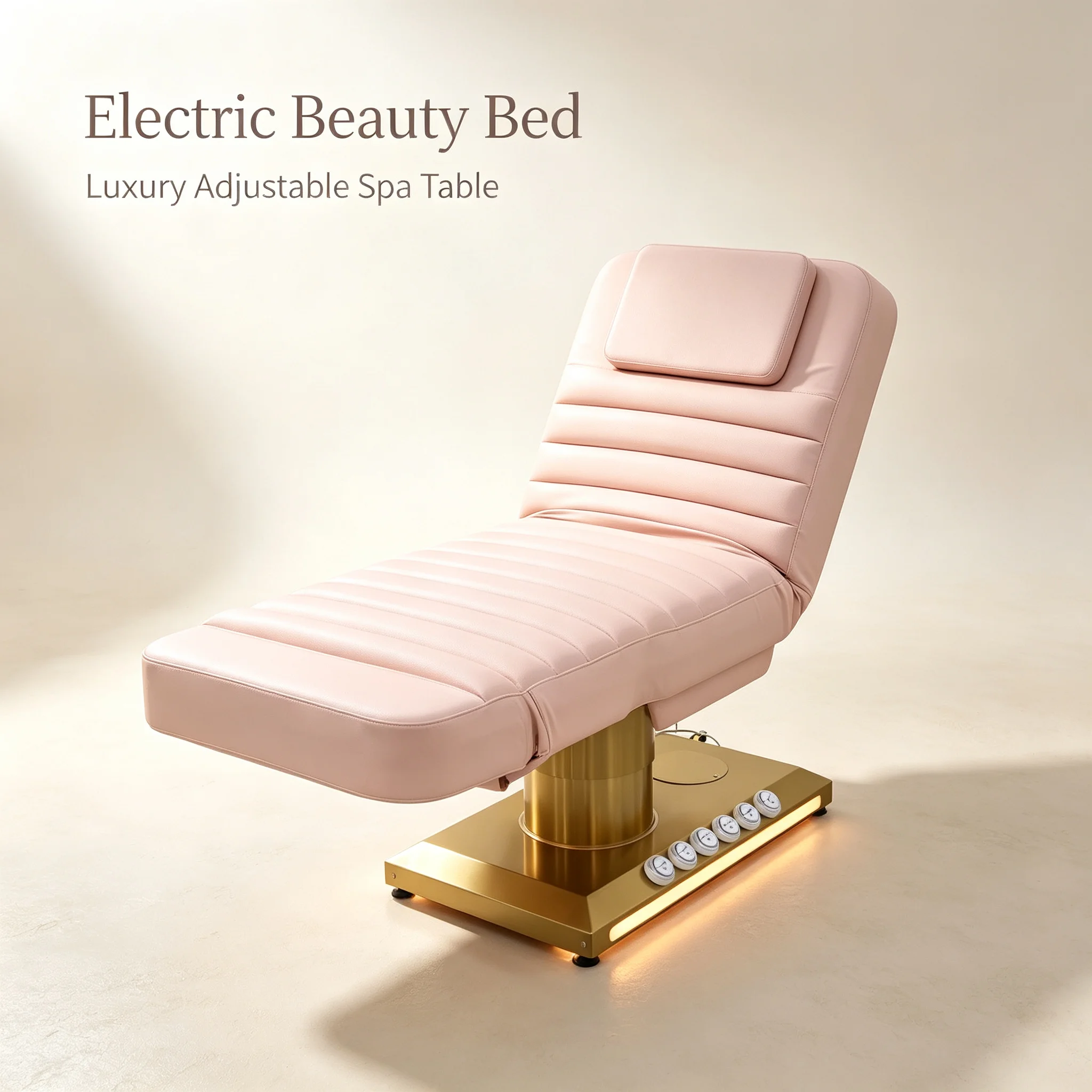 Electric Beauty Bed Adjustable Facial Massage Bed with Headrest Channel Tufted Gold Base LED Light Spa Lash Tattoo Pink