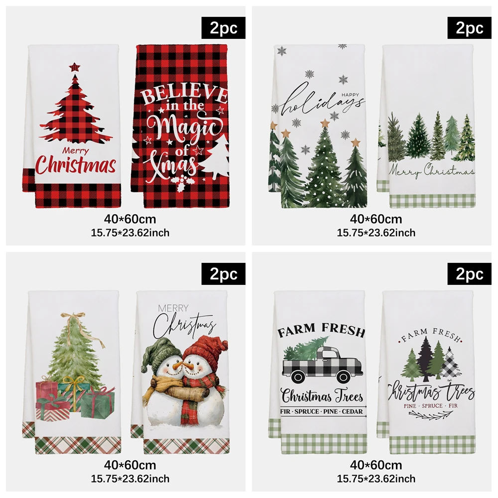 40x60cm Christmas Tree Tea Towel Kitchen Dishcloth Grid Tree Snowman Pattern Cleaning Cloth Gift Merry Christmas Decor