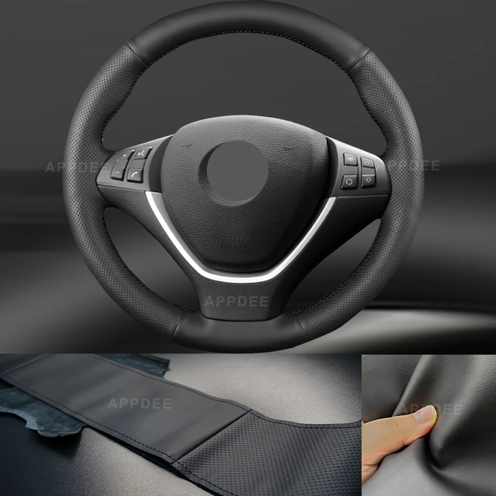 APPDEE Hand-stitched Black Genuine  Leather Steering Wheel Cover for BMW X6 E71 2008-2014 E70 X5 2008-2013