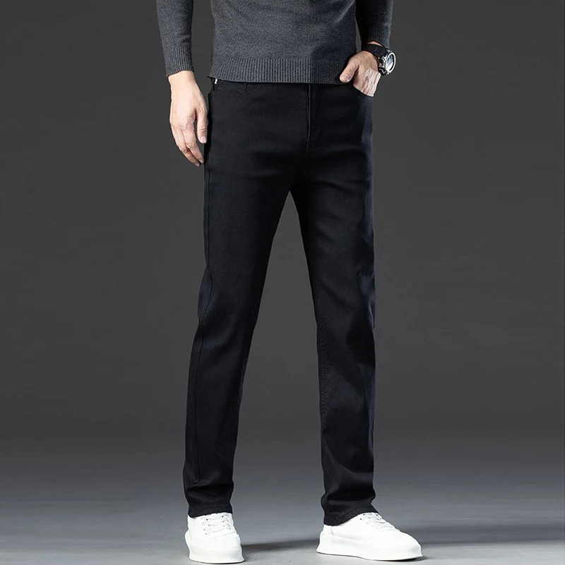 الرجال الدافئة الخريف الشتاء صوف مبطن سميكة الجينز الذكور موضة فضفاضة مستقيم الدينيم السراويل الذكية عادية سليم صالح بنطلون