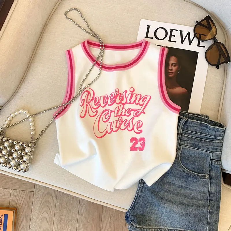 Summer American Sexy Dopamine Pink Printed Knitted Resort Sweet Spicy Girl Sleeveless Slim-fitting Short Vest