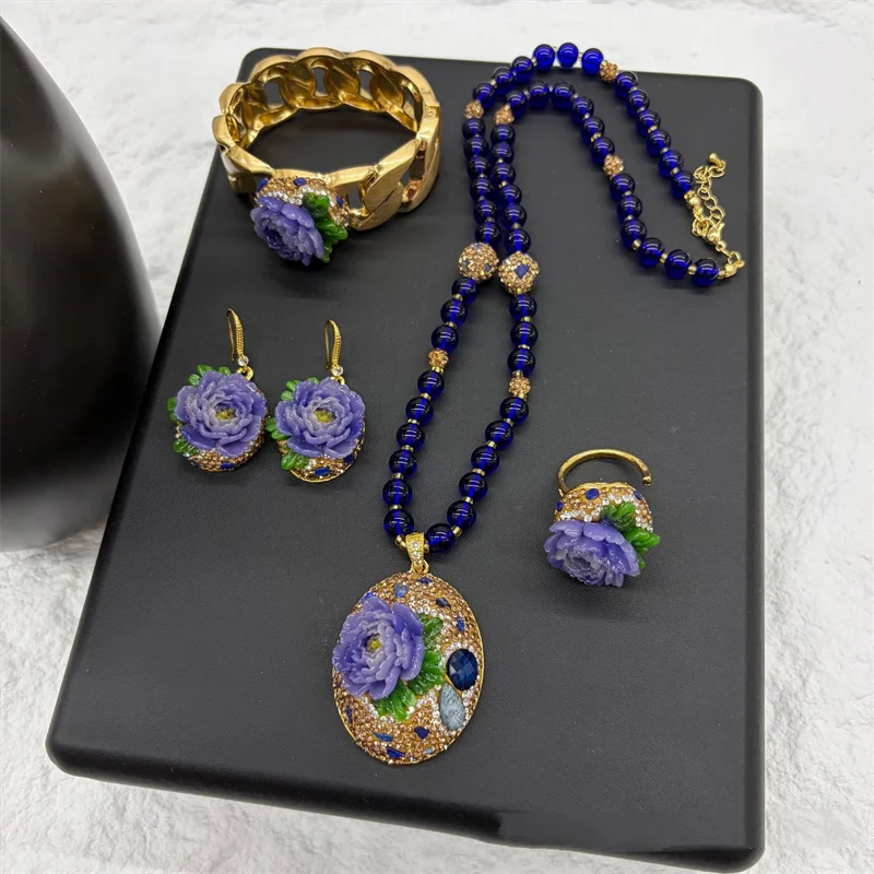 4PCS Fashion Flower Pendant Earrings Necklace Bracelet Ring for Women Luxury Long Sweater Chain Collar African Choker Jewelry