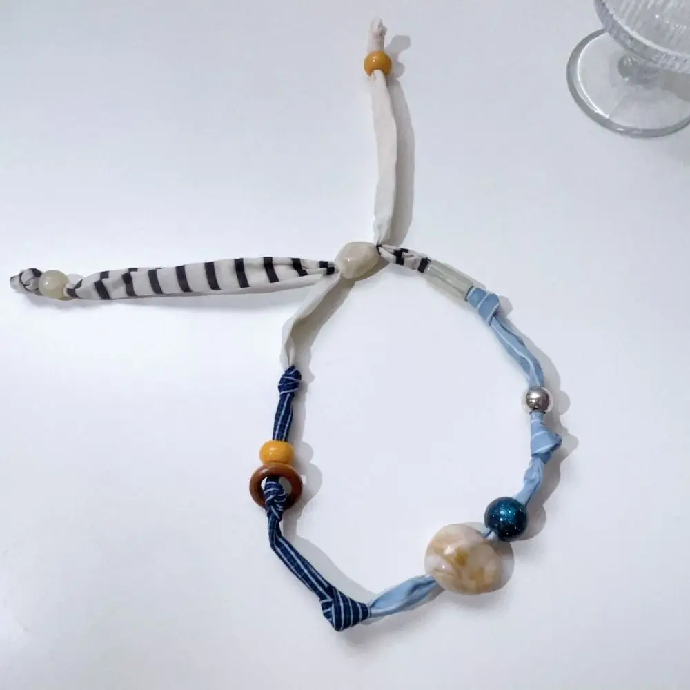 

Strip Patchwork Cloth Chain Necklace Multicolor Clavicle Chain Wood Bead Necklace Jewelry Accessories Ethnic Style