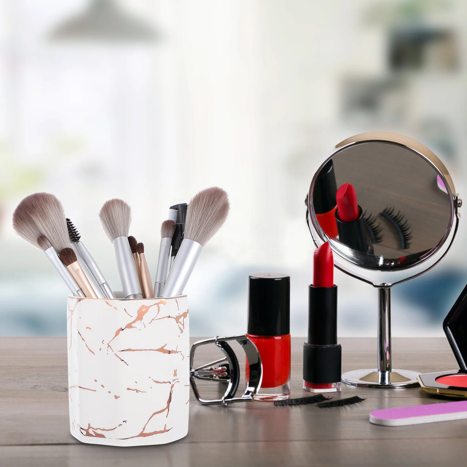 

1Pcs Marble Effect Ceramic Pen Holder Octagonal Organizer for Office Study Brush Storage Pen Container