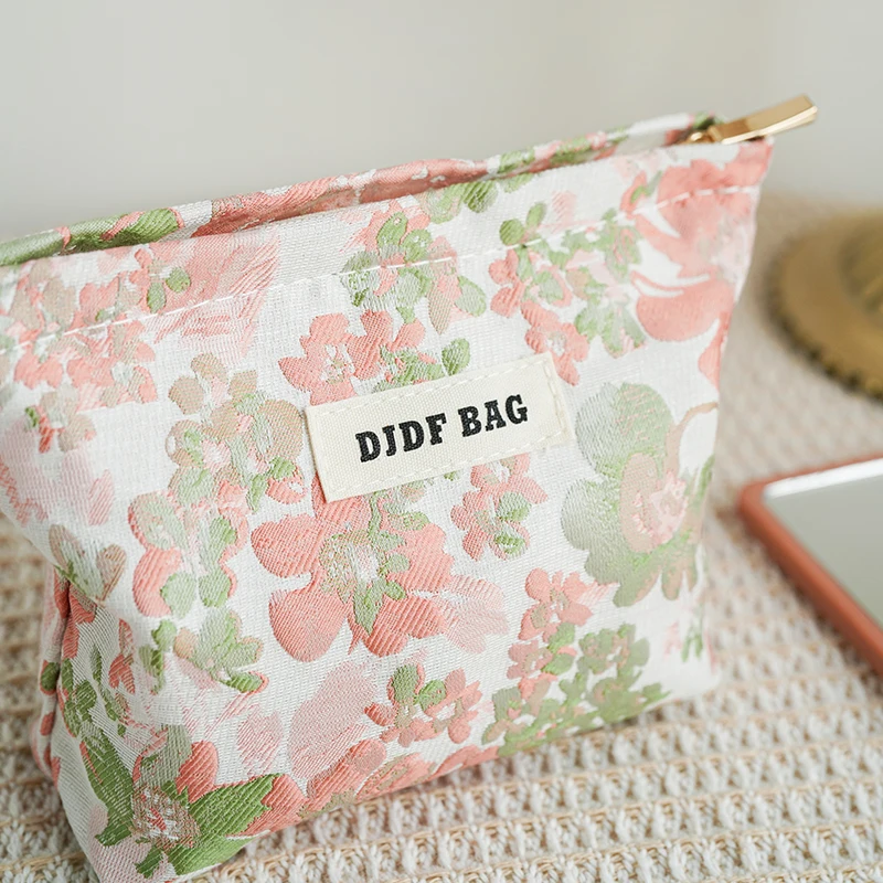 DJDF Pink Flower Small Women\'s Cosmetic Bag Double Layer Soft Canvas Portable Sanitary Napkin Storage Bag Coin Purse Ins Style