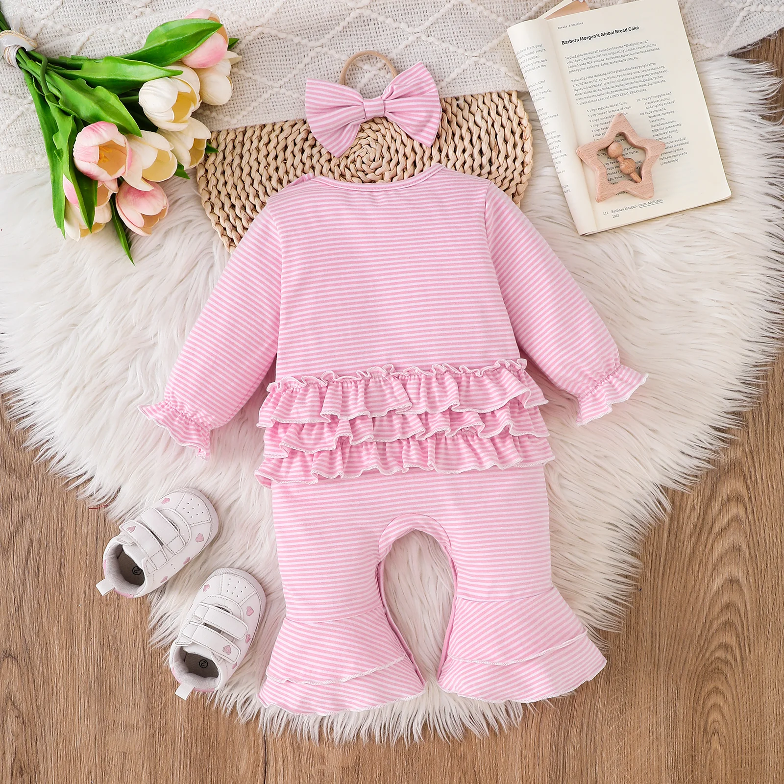 Little Sister Embroidered Baby Girl Pink Striped Ruffle Long Sleeve Romper With Bow Headband Sweet Cute Infant Outfit