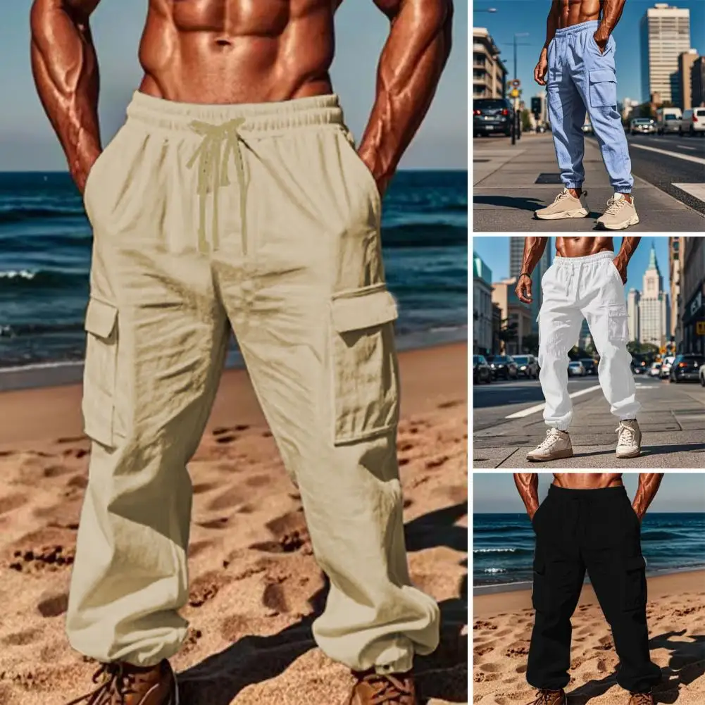 Новые летние мужские рабочие брюки с несколькими карманами на шнурке, износостойкие повседневные брюки-карго, повседневные мужские модные брюки цвета хаки для бега