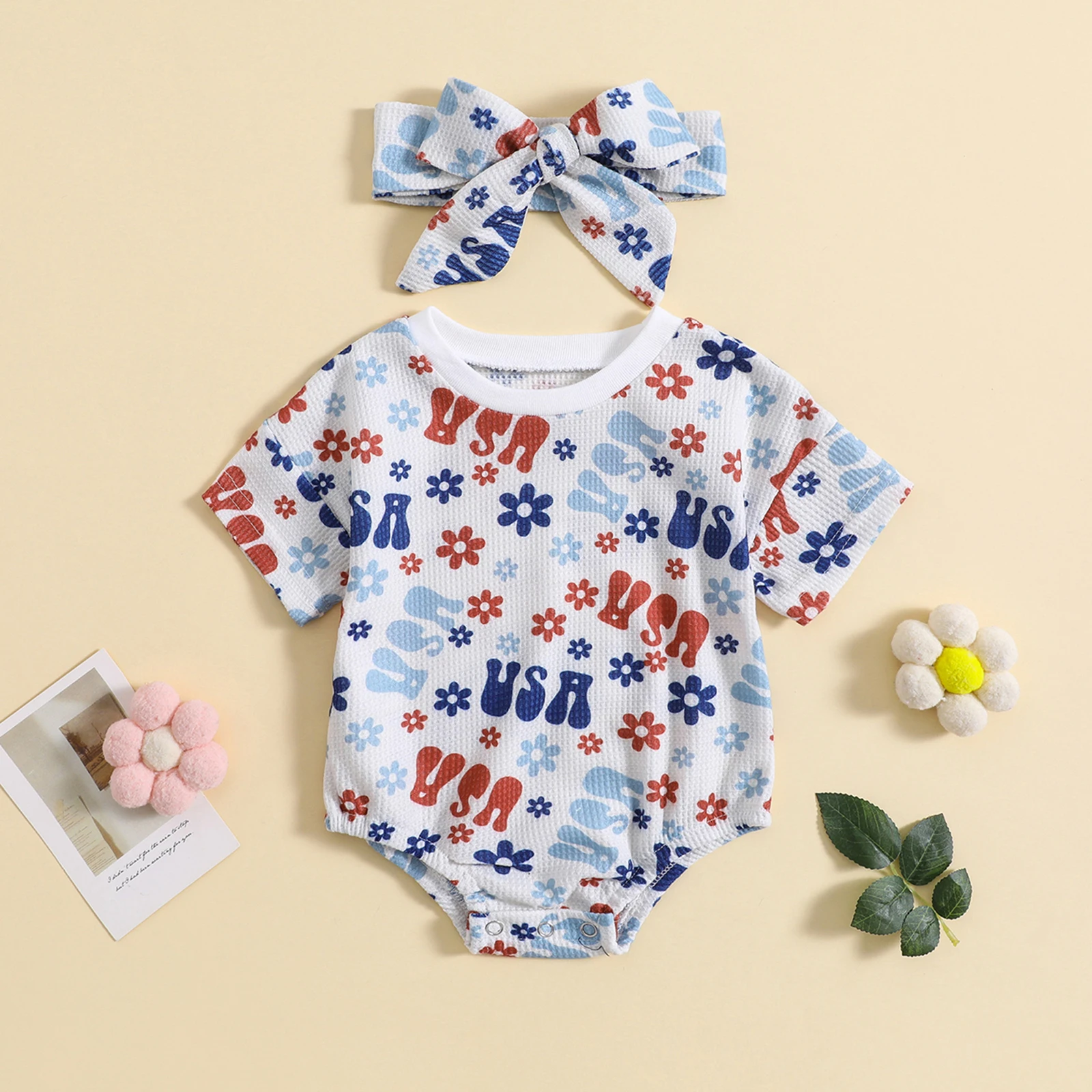 Baby Girls Summer Bodysuits Outfits 4th of July Floral/Letter Print Short Sleeve Waffle Romper with Elastic Bow Headband