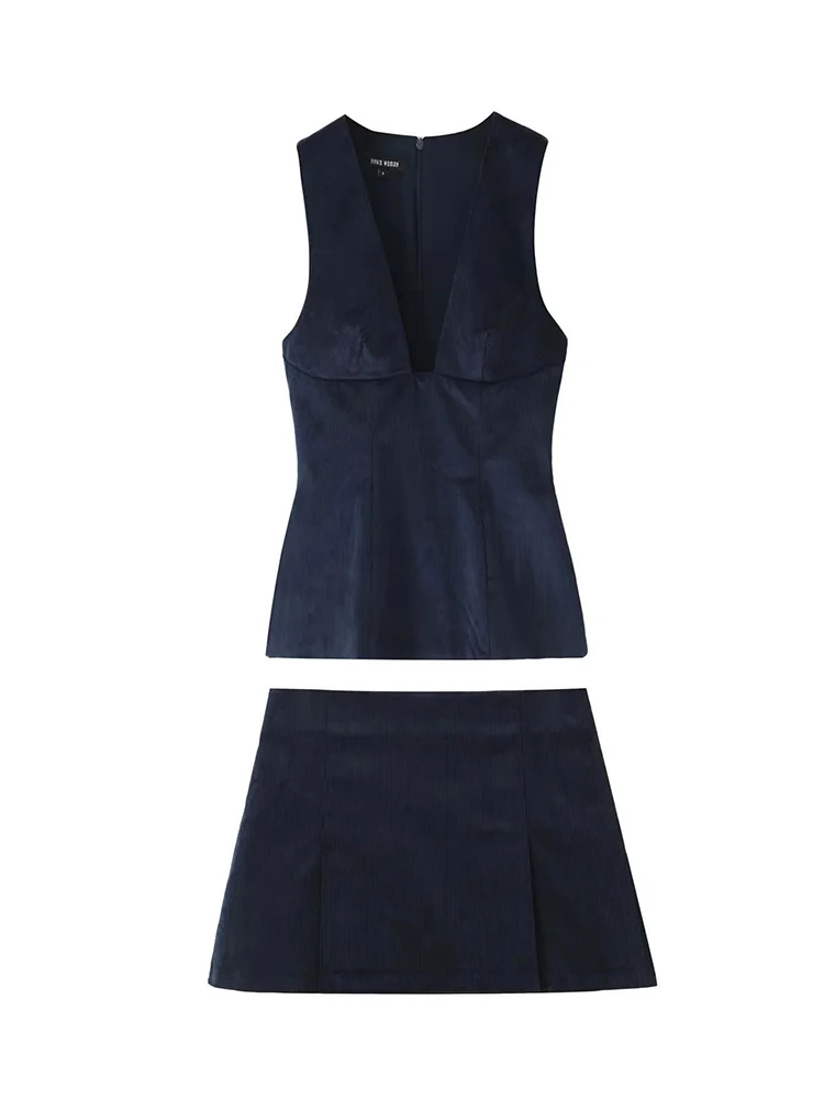 Corduroy Deep V-Neck Top and Mini Skirt Matching Set in Dark Blue for Women