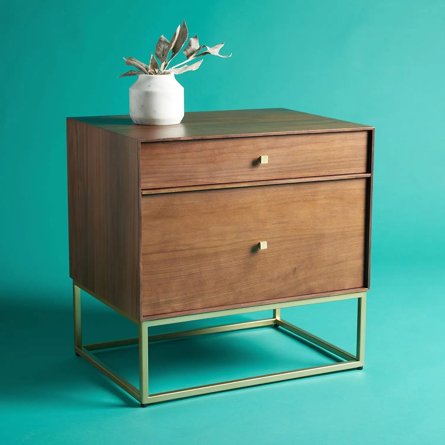 Couture Home Collection Adelyn Walnut & Gold 2-Drawer Nightstand Table, Fully Assembled, Customized