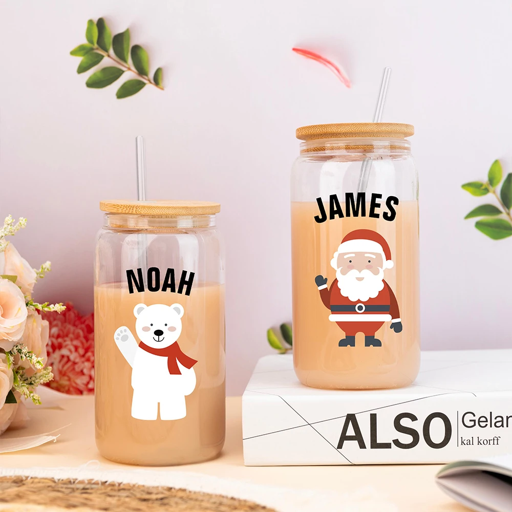 Christmas Customized Drinking Glass Coffee Water Juice Bottle Portable Clear Cup with Lid Straw Brush Holiday Gifts view 3
