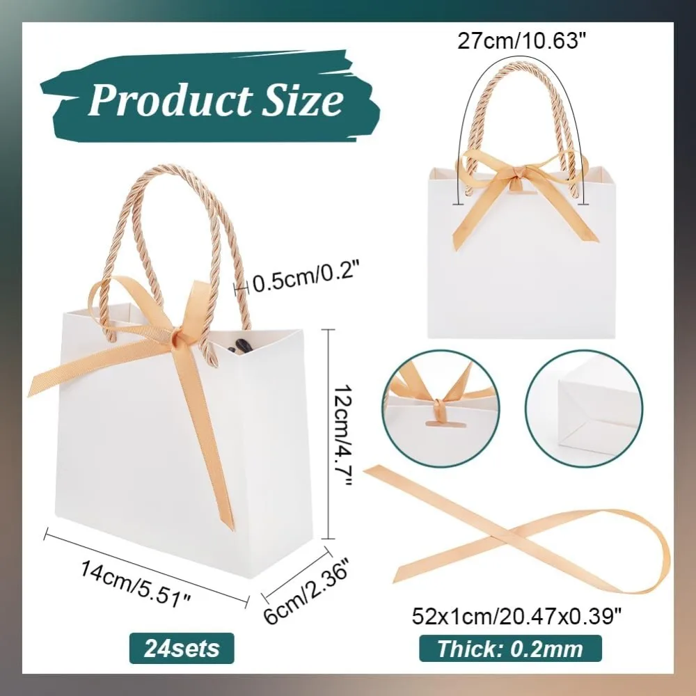 24 Sets White Gift Paper Bags Party Favor Bags with Handle and Bow Ribbon 4.7x5.5x2.4inch Portable Kraft Paper making kit