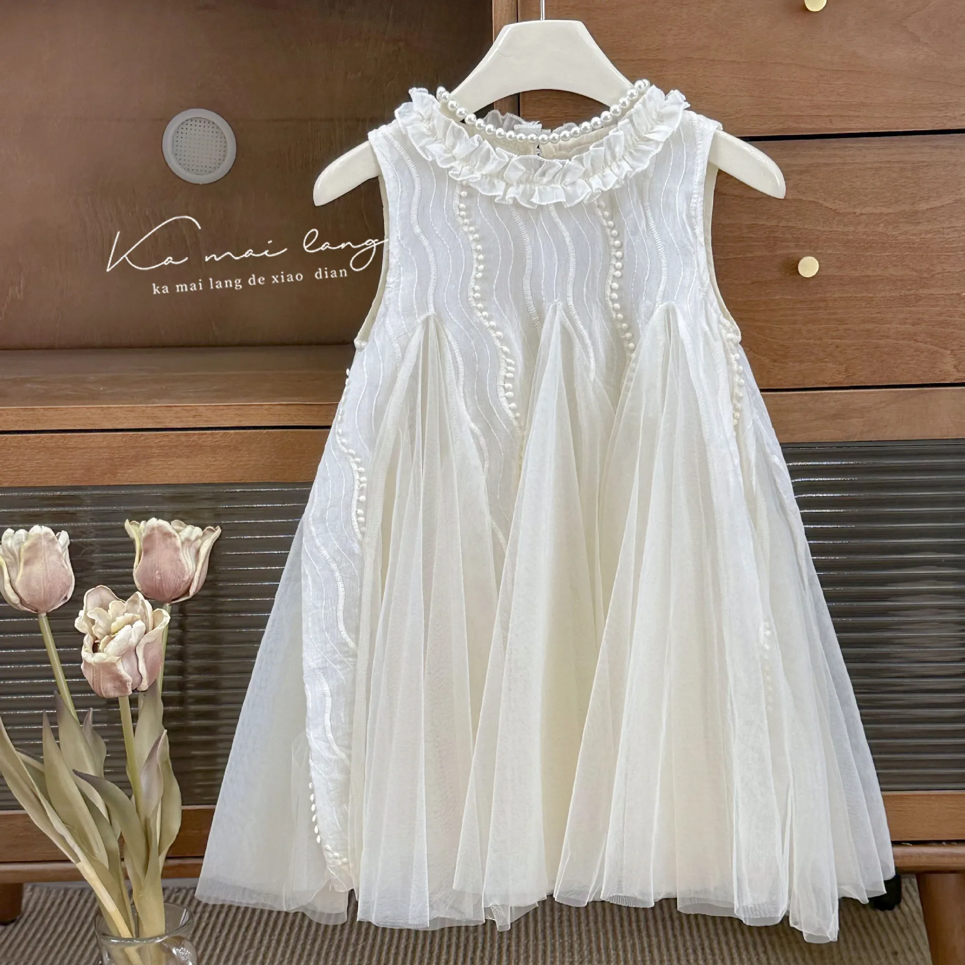 

Summer Girls New Dress 2024 Elegant and High end Dress Childrens Beige Super Immortal French Dress Vest Dress Princess Dresses