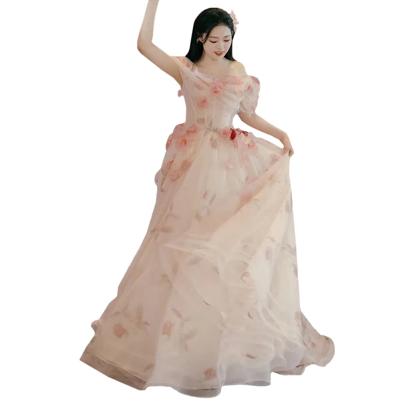 Ele One-oulder Wedding Dr for Engagement And Banquet Performance Host Long Gown Sweet Sle A-Line Skirt