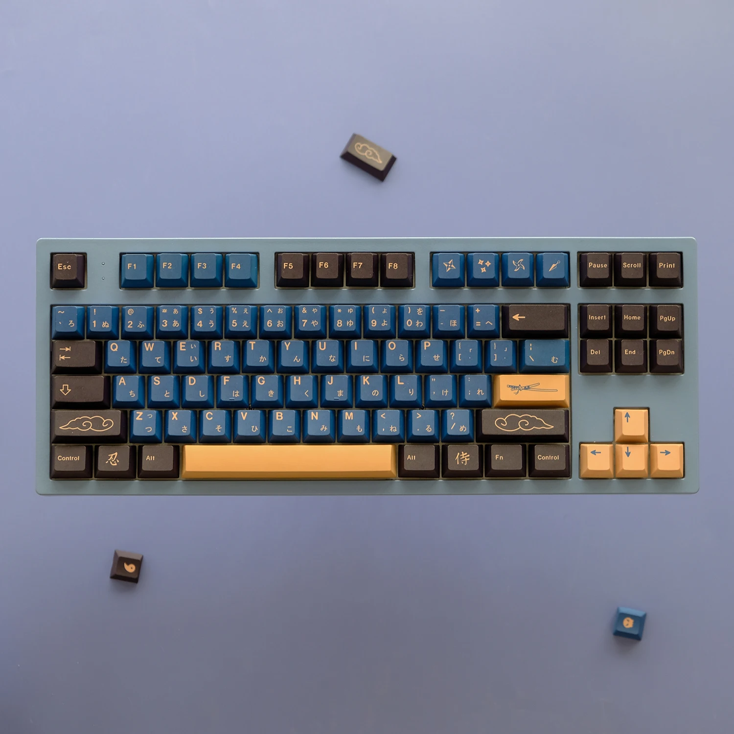 KYOMOT 128 Keys Blue Samurai Keycap PBT Dye Sub Cherry Profile Keycaps for MX Switch Custom 65%/75%/87% DIY Mechanical Keyboard