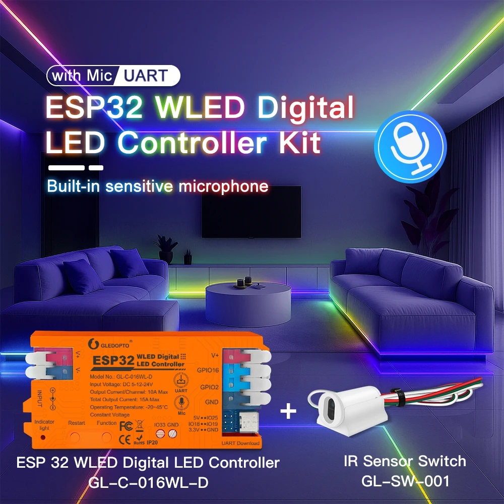 10GLEDOPTO ESP32 WLED LED Controller with 4 Outputs Ethernet GL-C-618/616/017/016WL Microphone UART Energy Saving Relay 20A Fuse