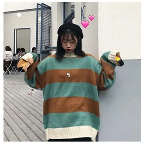 College Style Striped Sweater Female Student Korean Style Loose Mid Length Round Neck Versatile Long Sleeve Sweater Sweater Y2K