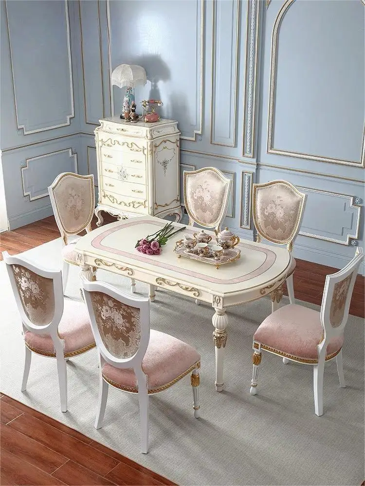 French court style light luxury dining table and chair combination, multi size solid wood retro European pink dining table